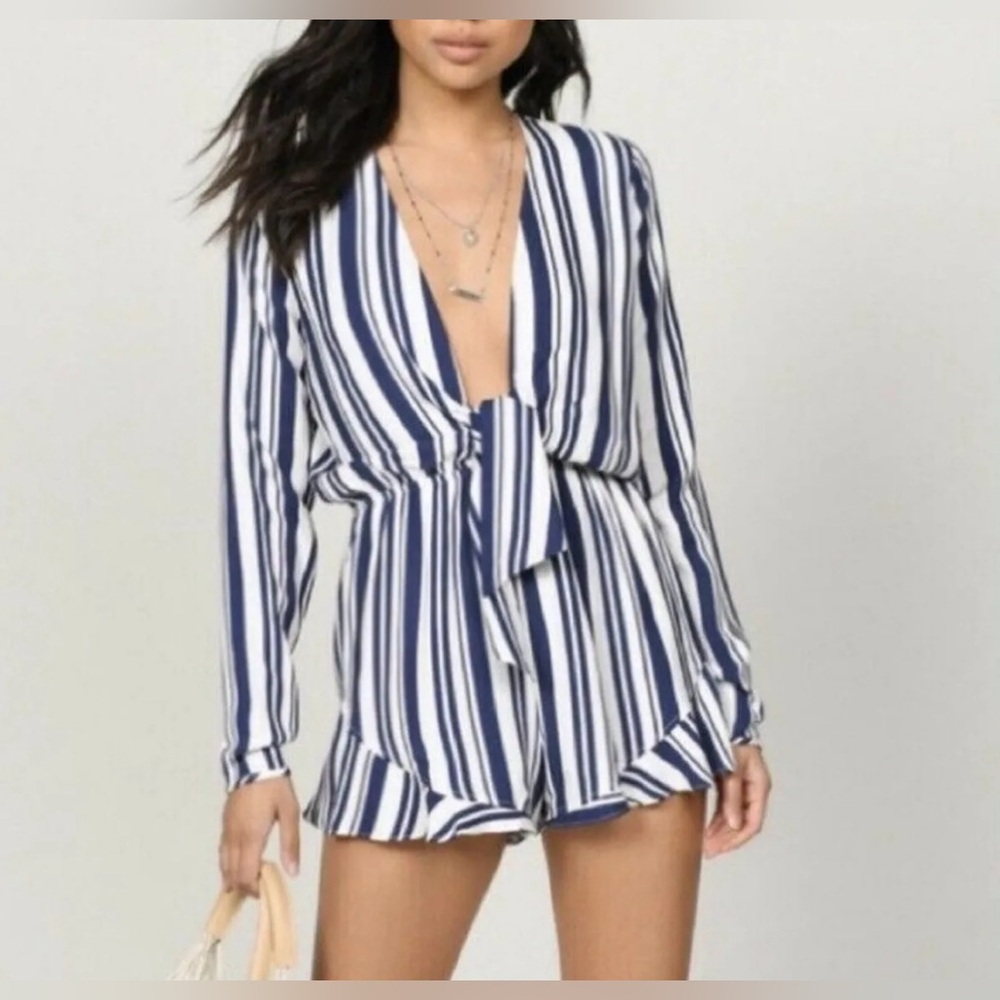 Tobi- Striped Deep V Playsuit • Romper